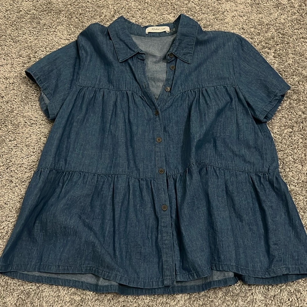 Mustard Seed Denim Peplum Button Down Top